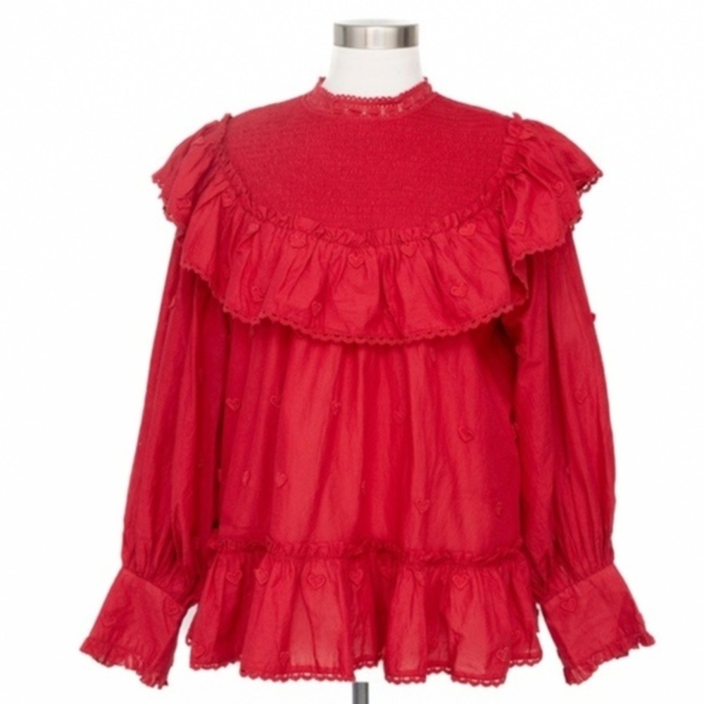 FARM Rio Red Ruffled Peasant Blouse
